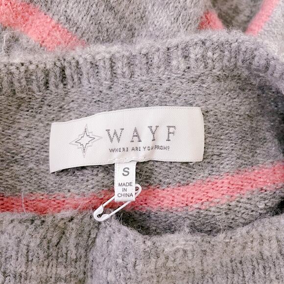 WAYF Striped Mock Neck Tie Waist Pullover Sweater Gray Pink Wool Blend Small - Picture 9 of 12